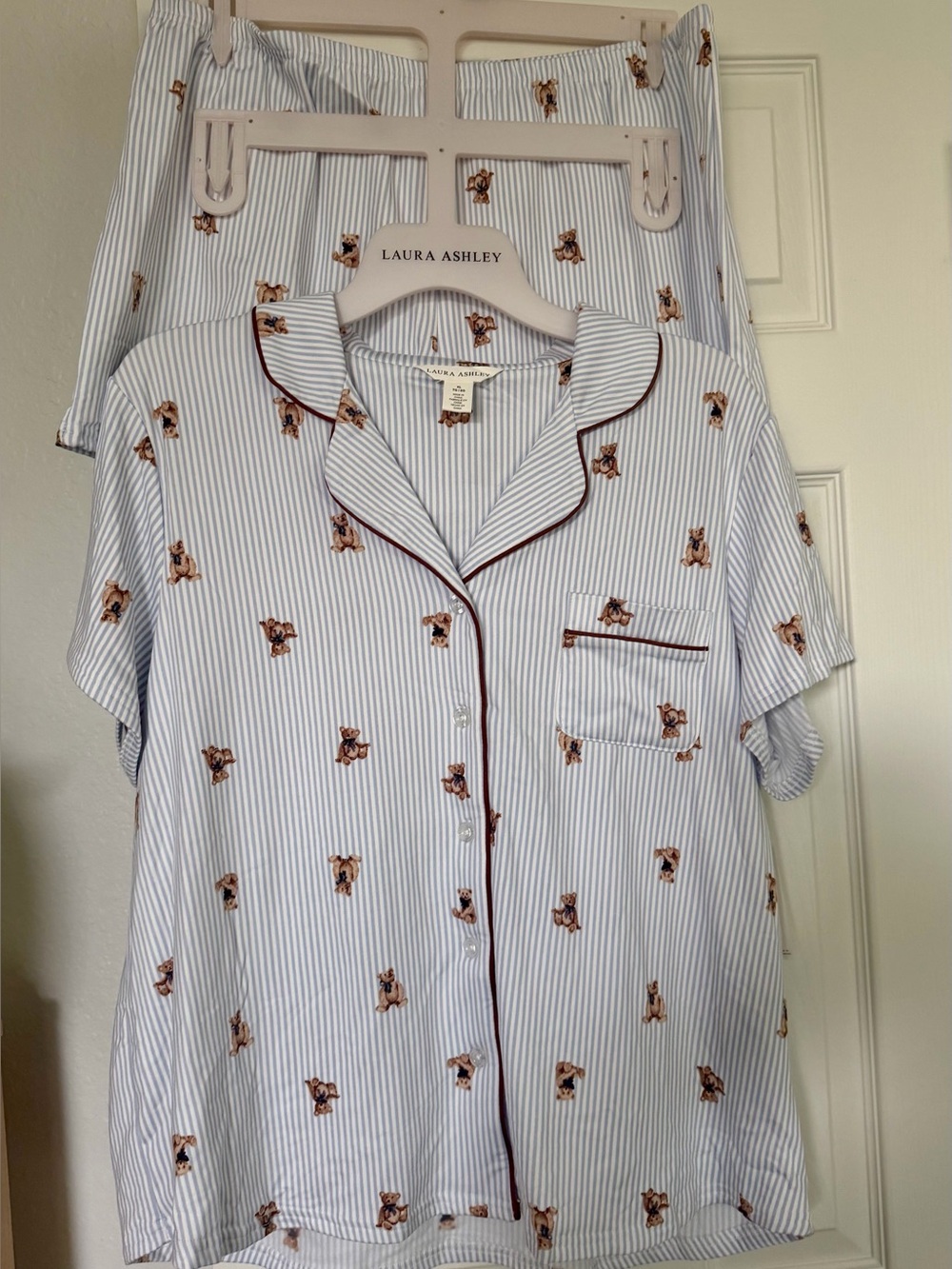 Laura Ashley 2pc women’s Blue Stripes Shirt and  Shorts  with Brown Teddy Bears